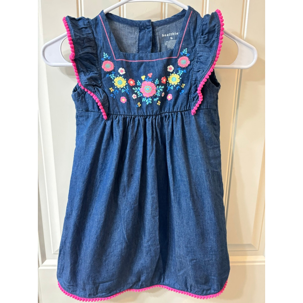 Girls Healthtex Casual Dress 5T Blue Denim with Floral Embroidery